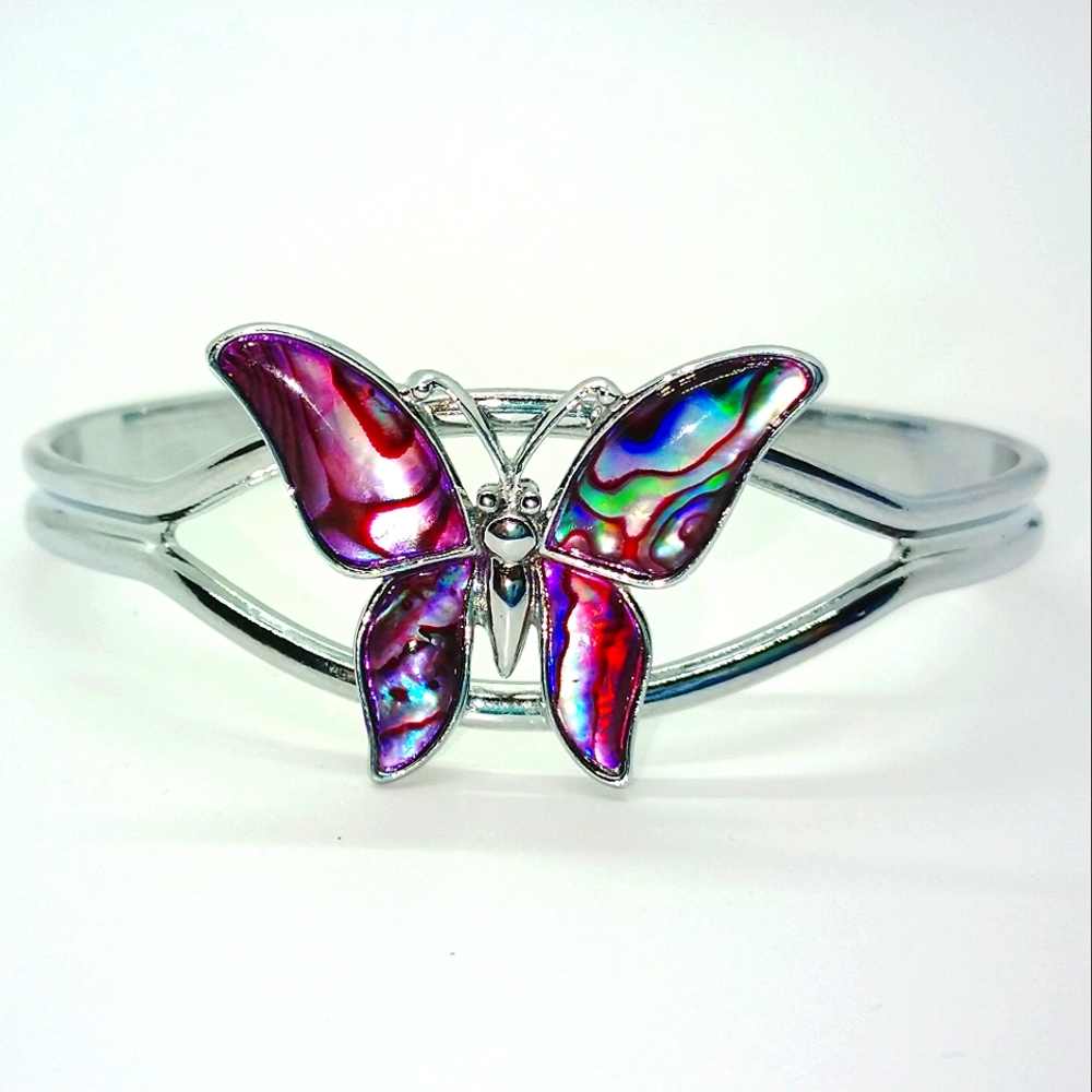 Vintage Butterfly Cuff Bracelet with Abalone shell Silver Tone